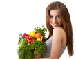 woman holding a bag full of healthy food. shopping .