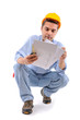 Exhausted construction worker over white background. Exhausted construction worker over white background.