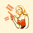 Gangster woman in retro three color print halftone pattern