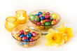 Easter decoration - yellow glass bowls with chocolate eggs