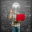 casual lamp-head with laptop shows OK