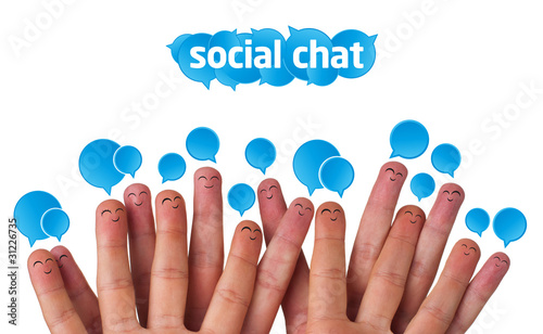 Photo : Happy group of finger smileys with social chat sign Happy group of finger smileys with social chat sign