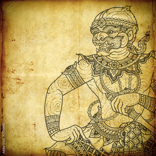 Illustration: Traditional Thai art in Ramayana literature. the old paper Traditional Thai art in Ramayana literature. the old paper