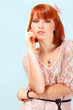 summer teen girl beautiful freckles redheaded over blue