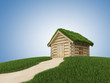 Pathway to small wooden house with grassy roof Pathway to small wooden house with grassy roof