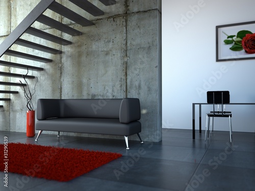 Illustration: Loft mit schwarzem Ledersofa Loft mit schwarzem Ledersofa