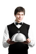 Foto: Happy waiter with cloche lid cover Happy waiter with cloche lid cover