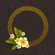 Vector round frame & tropical flowers on a black wood background