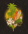 Tropical surfing emblem painting on a wood board