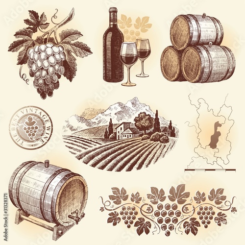 Vector: Hand drawn vector set - wine and winemaking Hand drawn vector set - wine and winemaking