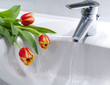 Working mixer tap with a few tulips on a counter