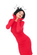 playful woman in red dress