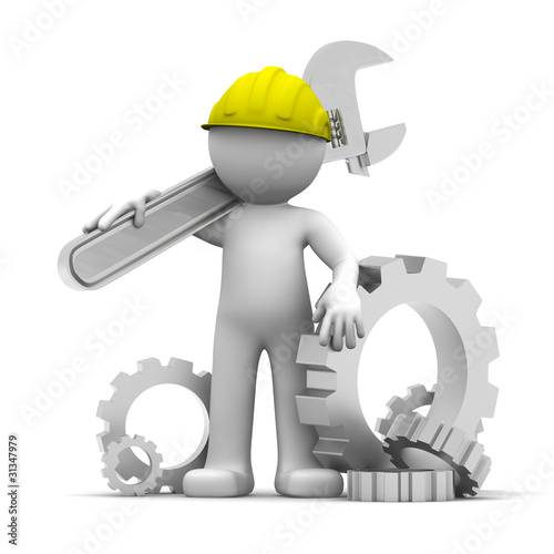 Illustration: Industrial worker with wrench and gears. Conceptual illustration Industrial worker with wrench and gears. Conceptual illustration