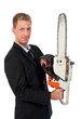 Young business man with chainsaw