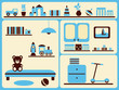 Children's room interior and objects set. Vector illustration.