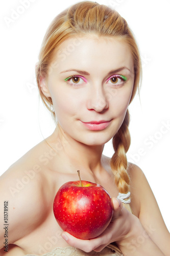 Photo: portrait of young woman with red apple isolated on white portrait of young woman with red apple isolated on white