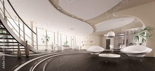 Illustration: Modern apartment interior panorama 3d render Modern apartment interior panorama 3d render
