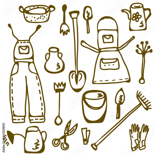 garden tools vector. Garden tools set doodle funny