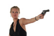 young blond woman in black dress with revolver isolated young blond woman in black dress with revolver isolated
