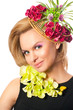 Beautiful young woman creative flower cap and orchid flower