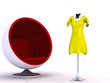 Kleiderständer mit gelbem Kleid, roter Clubsessel