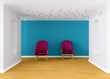 gallery's hall with purple armchairs