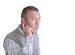 Portrait of middle aged caucasian man holding his ear to listen