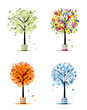 Four seasons - spring, summer, autumn, winter. Art trees in pots