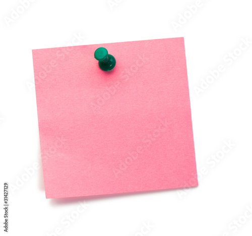 Photo: Pink post-it with drawing pin Pink post-it with drawing pin