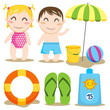 Two children and a collection of beach items and toys