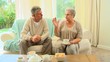 Mature couple sitting drinking tea and chatting 