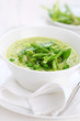 Cream soup with asparagus, peas and leeks in white plate Cream soup with asparagus, peas and leeks in white plate