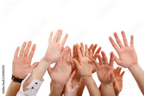 Photo: hands up group people isolated on white hands up group people isolated on white