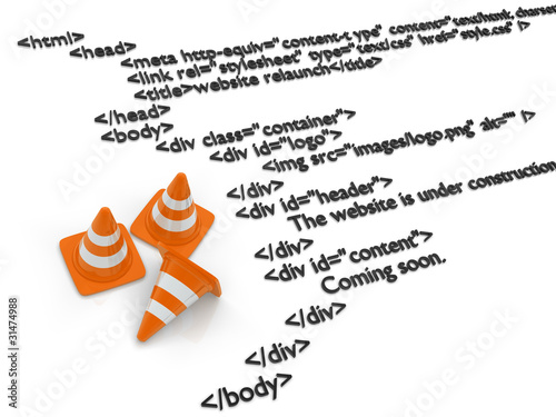 Illustration: HTML concept with code and under construction cones. HTML concept with code and under construction cones.