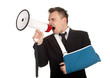 businessman with broken hand with megaphone, series