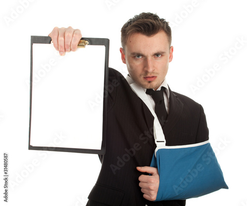 Photo: businessman with broken hand and blank card, series businessman with broken hand and blank card, series