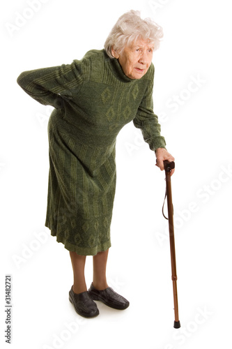 Photo: Grandmother holding a cane on white background Grandmother holding a cane on white background