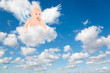 Baby with wings on white, fluffy clouds in blue sky. Collage Baby with wings on white, fluffy clouds in blue sky. Collage