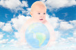 baby with glass globe on White, fluffy clouds in sky collage baby with glass globe on White, fluffy clouds in sky collage