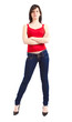Young slim woman in jeans and red shirt isolated on white