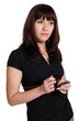 Young woman with gadget with touch screen.
