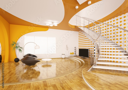 Illustration: Wohnzimmer mit Treppe Interior 3d render Wohnzimmer mit Treppe Interior 3d render
