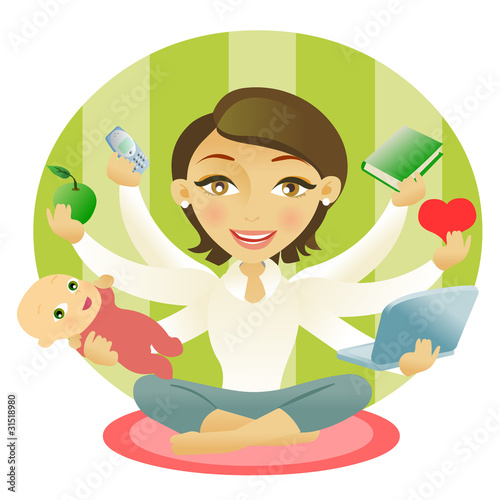 Vetor: Woman with six arms very busy Woman with six arms very busy