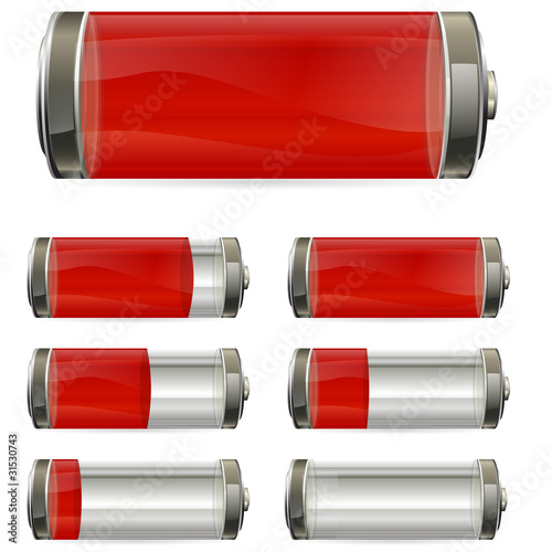 Vector: red battery with different levels of charging red battery with different levels of charging