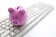 Pink piggy bank on computer keyboard Pink piggy bank on computer keyboard