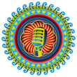 Illustrated colorful emblem with old microphone.