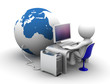 3d character Working on computer connectet to globe