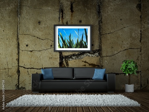 Illustration: Innendesign - schwarzes Ledersofa vor Betonwand Innendesign - schwarzes Ledersofa vor Betonwand