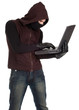 criminal in dark clothes and balaclava with the laptop