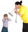 little girl and screaming mother with megaphone